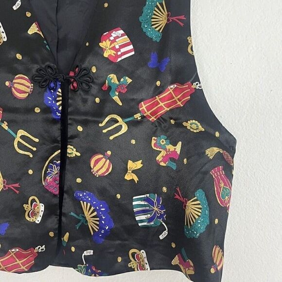 Diane Von Furstenberg The Color Authority Black Camp Funky Satin Vest Womens Lrg - Picture 8 of 8